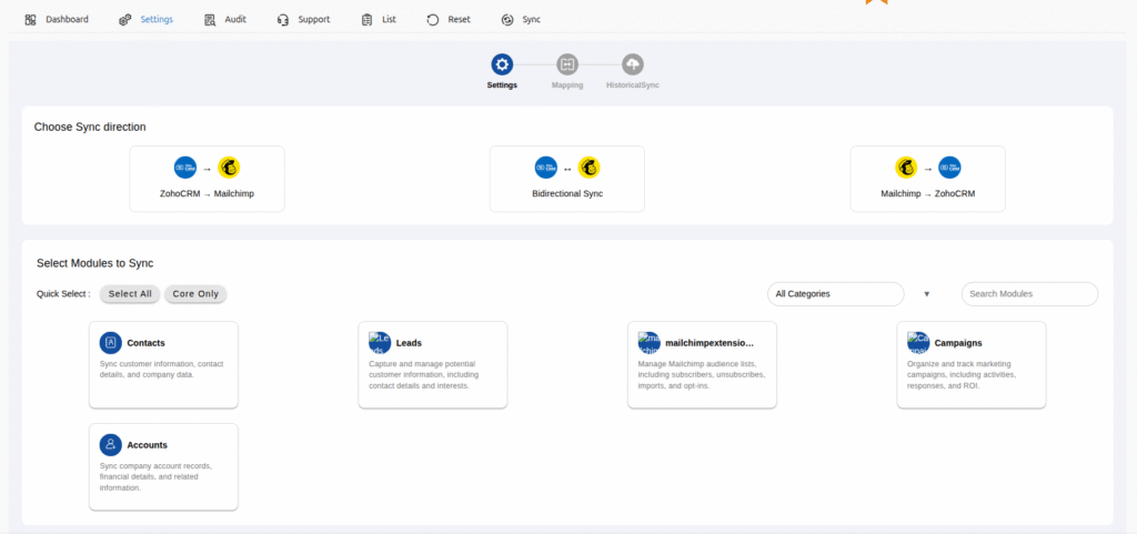 Zoho Mailchimp Extensions Settings
