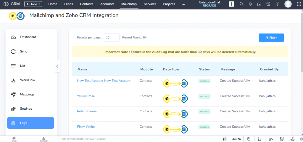 Zoho Mailchimp- Audit logs