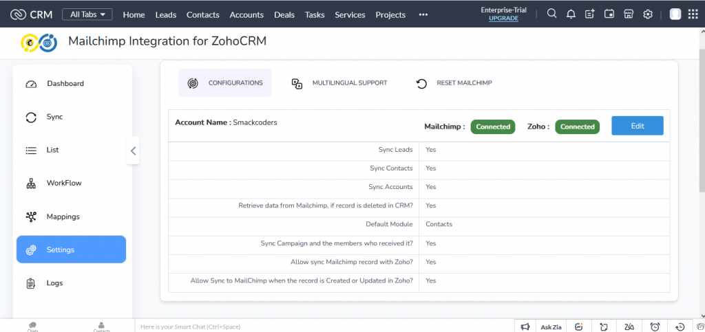 Zoho Mailchimp- Configuration Settings