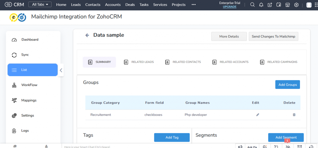 Zoho Mailchimp- Lists sync