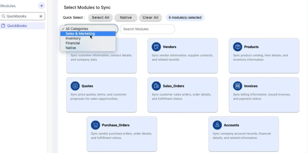 zoho-crm-quickbooks-filter-modules-by-category